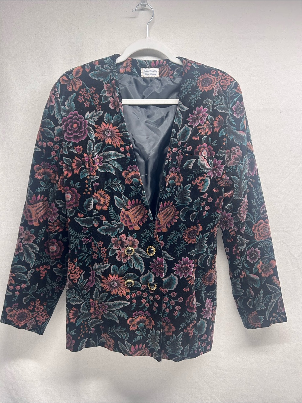 Floral Velvet Double-Breasted Blazer Jacket - Black with Multicolor Floral